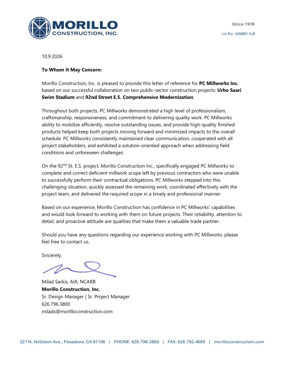 Letter of recommendation from Morillo Construction, Inc. on company letterhead